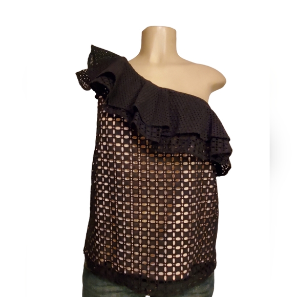 JCrew Black Eyelet One Shoulder Side Zipper Top.  Nude Underlay. Size 8 - Picture 1 of 4